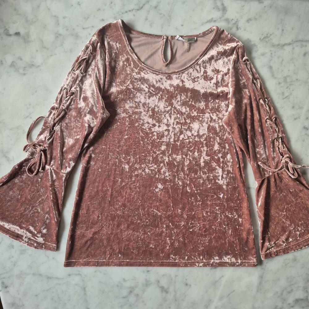 Wms Top L/S Pink Crushed Velvet Tie Lace Up Sleeves Romantic Fairy Angelcore L